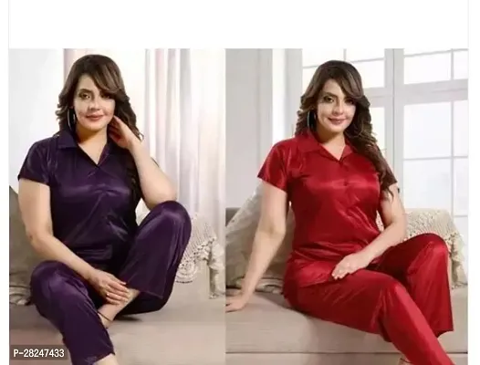 Stylish Multicoloured Satin Solid Top And Pyjama Set Nightdress For Women Pack Of 2-thumb0