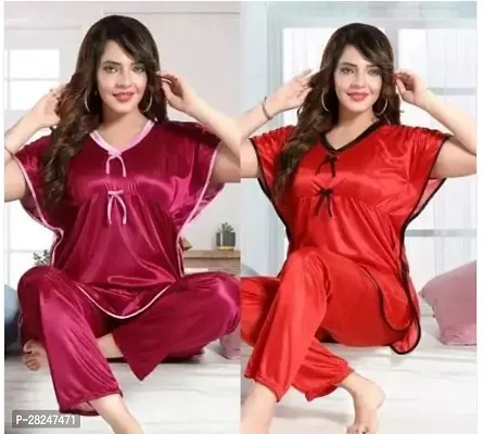 Stylish Multicoloured Satin Solid Top And Pyjama Set Nightdress For Women Pack Of 2-thumb0