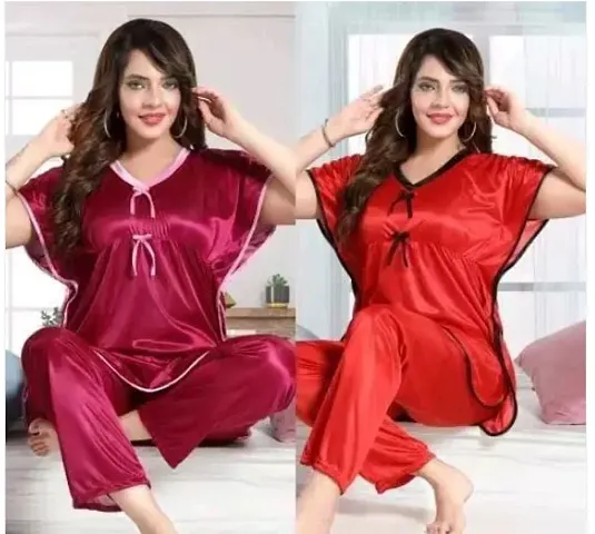 Stylish Satin Solid Top And Pyjama Set Nightdress For Women Pack Of 2