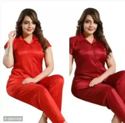 Stylish Multicoloured Satin Solid Top And Pyjama Set Nightdress For Women Pack Of 2