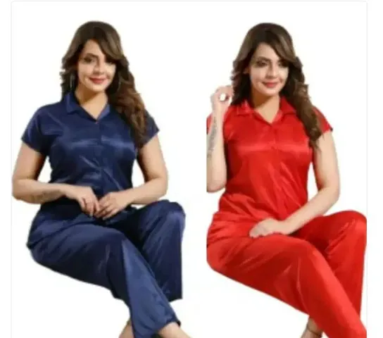 Stylish Satin Solid Top And Pyjama Set Nightdress For Women Pack Of 2