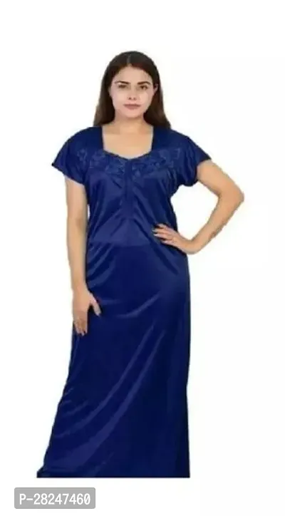 Stylish Navy Blue Satin Solid Nighty For Women-thumb0