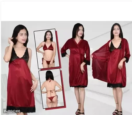 Stylish Maroon Satin Solid Top And Pyjama Set Nightdress For Women-thumb0