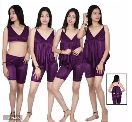 Stylish Purple Satin Solid Nightdress For Women-thumb0