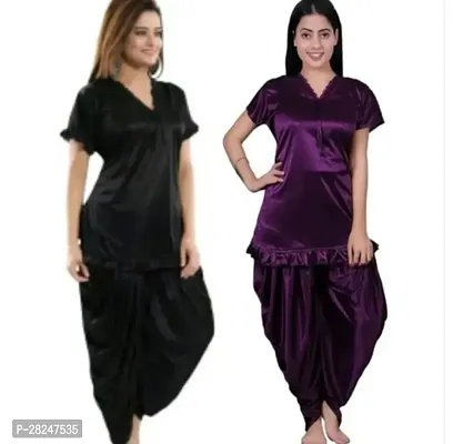 Stylish Multicoloured Satin Solid Top And Pyjama Set Nightdress For Women Pack Of 2