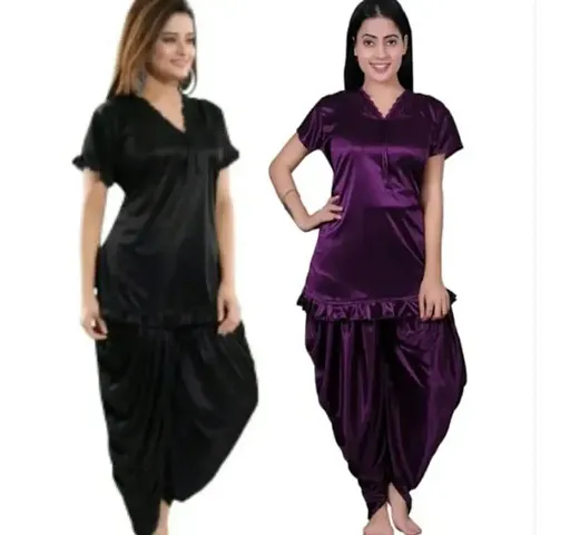 Stylish Satin Solid Top And Pyjama Set Nightdress For Women Pack Of 2