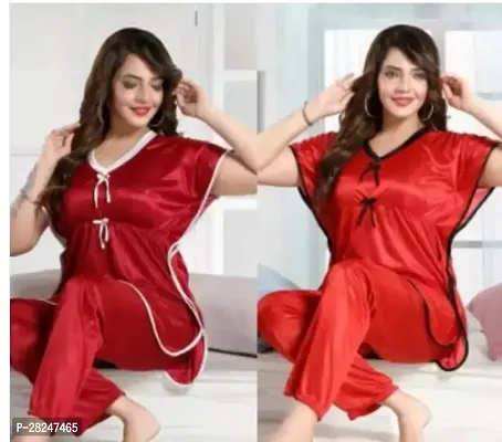 Stylish Multicoloured Satin Solid Top And Pyjama Set Nightdress For Women Pack Of 2