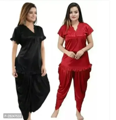 Stylish Multicoloured Satin Solid Top And Pyjama Set Nightdress For Women Pack Of 2