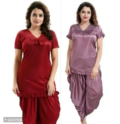 Stylish Multicoloured Satin Solid Top And Pyjama Set Nightdress For Women Pack Of 2