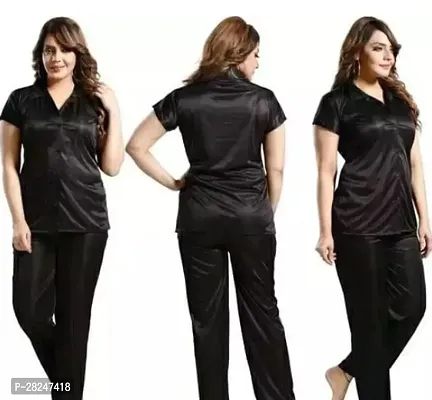 Stylish Black Satin Solid Top And Pyjama Set Nightdress For Women-thumb0