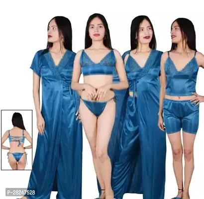 Stylish Blue Satin Solid Top And Pyjama Set Nightdress For Women-thumb0