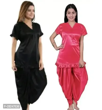 Stylish Multicoloured Satin Solid Top And Pyjama Set Nightdress For Women Pack Of 2