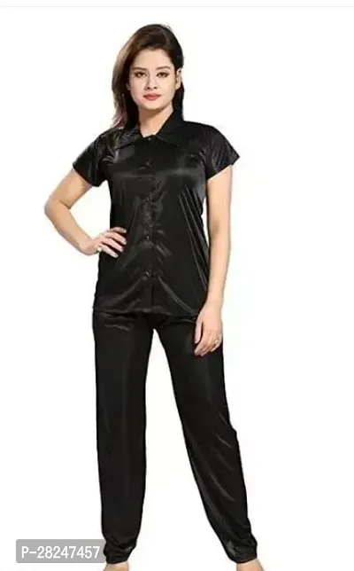 Stylish Black Satin Solid Top And Pyjama Set Nightdress For Women-thumb0