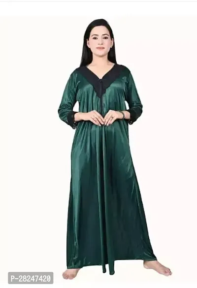 Stylish Sea Green Satin Solid Nighty For Women