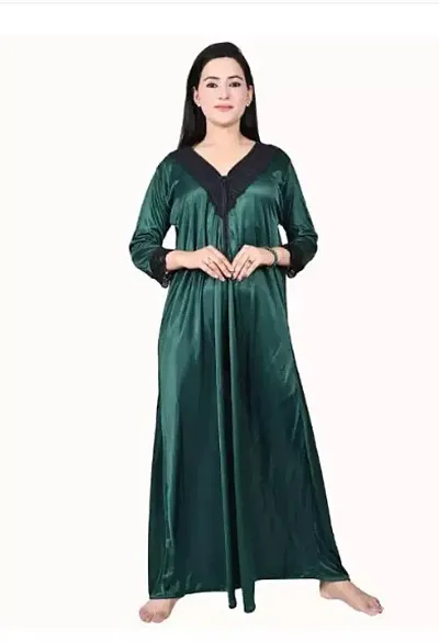 Stylish Sea Satin Solid Nighty For Women