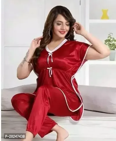 Stylish Maroon Satin Solid Top And Pyjama Set Nightdress For Women-thumb0