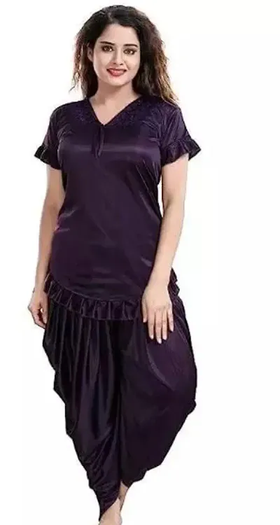 Stylish Satin Solid Top And Pyjama Set Nightdress For Women