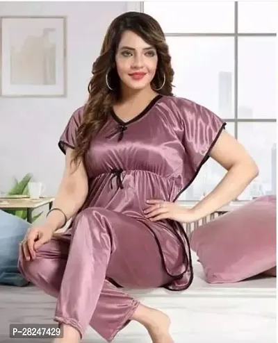 Stylish Purple Satin Solid Top And Pyjama Set Nightdress For Women-thumb0