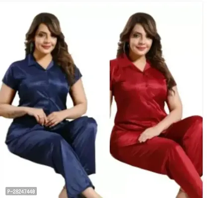 Stylish Multicoloured Satin Solid Top And Pyjama Set Nightdress For Women Pack Of 2