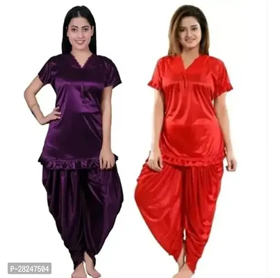 Stylish Multicoloured Satin Solid Top And Pyjama Set Nightdress For Women Pack Of 2