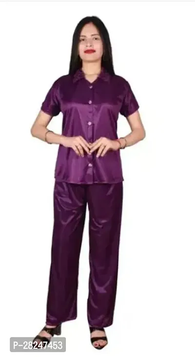 Stylish Purple Satin Solid Top And Pyjama Set Nightdress For Women-thumb0