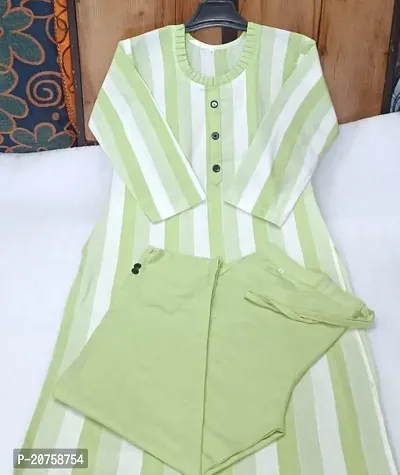 Elegant Green Striped Khadi Cotton Kurta with Pant Set For Women-thumb0