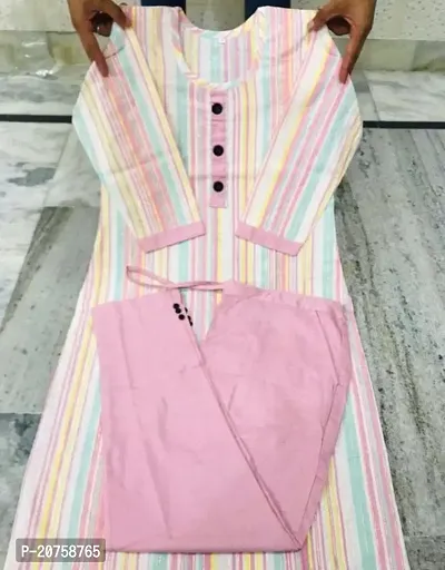 Elegant Pink Striped Khadi Cotton Kurta with Pant Set For Women-thumb0