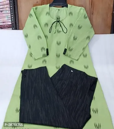 Elegant Green Printed Khadi Cotton Kurta with Pant Set For Women