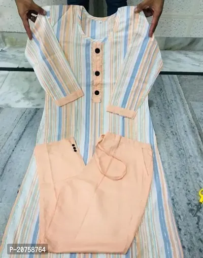 Elegant Peach Striped Khadi Cotton Kurta with Pant Set For Women-thumb0
