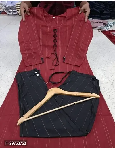 Elegant Red Self Design Khadi Cotton Kurta with Pant Set For Women-thumb0