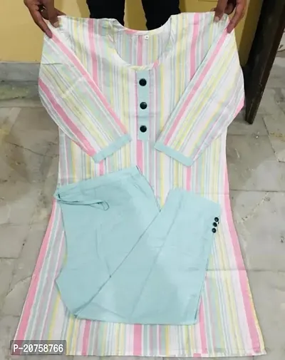 Elegant Turquoise Striped Khadi Cotton Kurta with Pant Set For Women