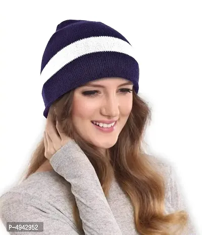 Stylish Navy Blue Winter Cap Striped Warm Woollen Beanie Cap For Unisex