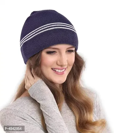Stylish Navy Blue Warm Knit Winter Woollen Cap With Lining For Unisex