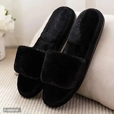 Women's Stylish  Comfy Solid Black Fur Open-Toe Slides