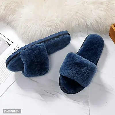 Women's Stylish  Comfy Solid Blue Fur Open-Toe Slides-thumb3