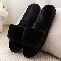 Women's Stylish  Comfy Solid Black Fur Open-Toe Slides-thumb3