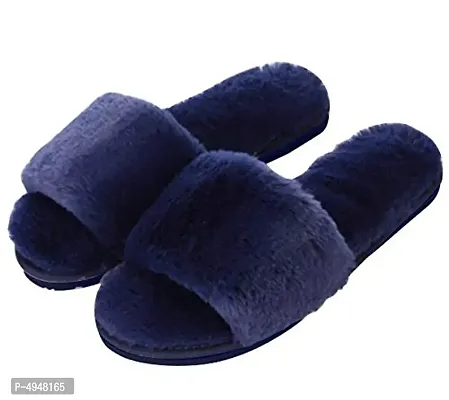 Women's Stylish  Comfy Solid Blue Fur Open-Toe Slides-thumb0