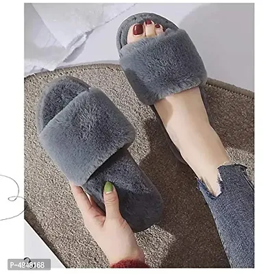 Women's Stylish  Comfy Solid Grey Fur Open-Toe Slides