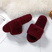 Women's Stylish  Comfy Solid Maroon Fur Open-Toe Slides-thumb3