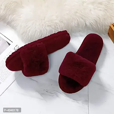 Women's Stylish  Comfy Solid Maroon Fur Open-Toe Slides-thumb4