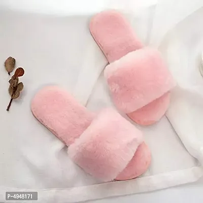 Women's Stylish  Comfy Solid Pink Fur Open-Toe Slides