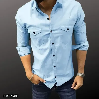 Stylish Blue Cotton Solid Casual Shirt For Men-thumb0