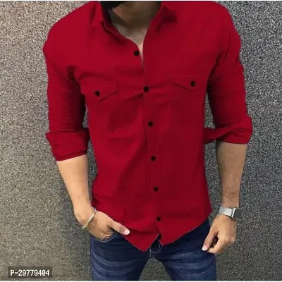 Reliable Red Cotton Solid Long Sleeves Casual Shirt For Men-thumb0