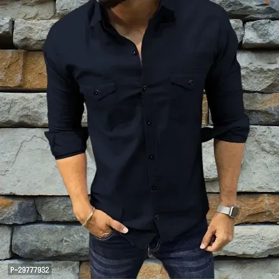 Reliable Navy Blue Cotton Solid Long Sleeves Casual Shirt For Men