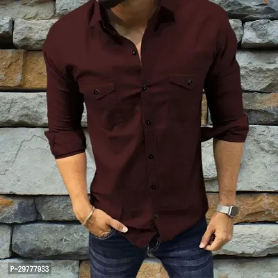 Reliable Maroon Cotton Solid Long Sleeves Casual Shirt For Men-thumb0