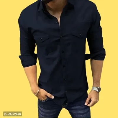 Stylish Navy Blue Cotton Solid Casual Shirt For Men-thumb0