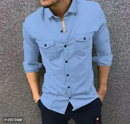 Stylish Blue Cotton Solid Casual Shirt For Men