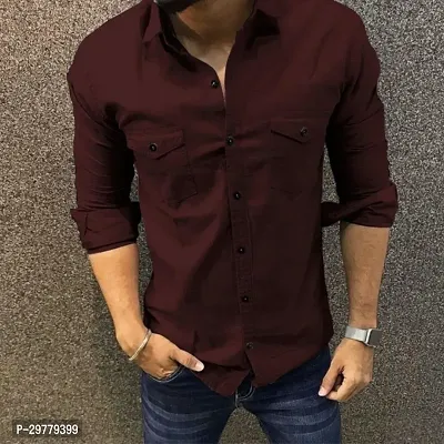 Reliable Maroon Cotton Solid Long Sleeves Casual Shirt For Men-thumb0