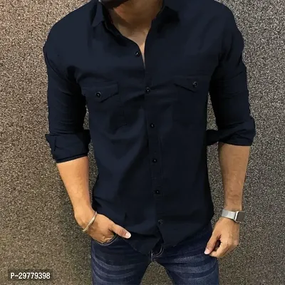 Reliable Navy Blue Cotton Solid Long Sleeves Casual Shirt For Men