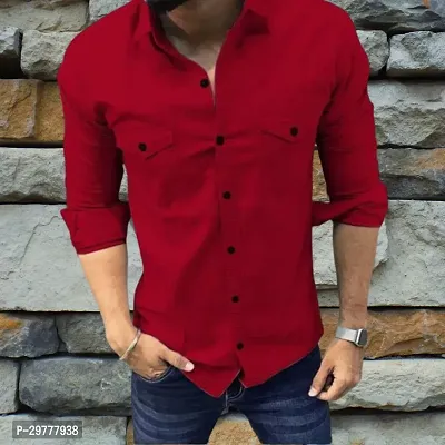 Reliable Red Cotton Solid Long Sleeves Casual Shirt For Men-thumb0